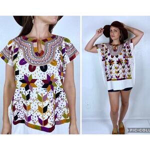 vintage 70s Cream EMBROIDERED STAR Mexican TOP os earth tone boho hippie Oaxacan